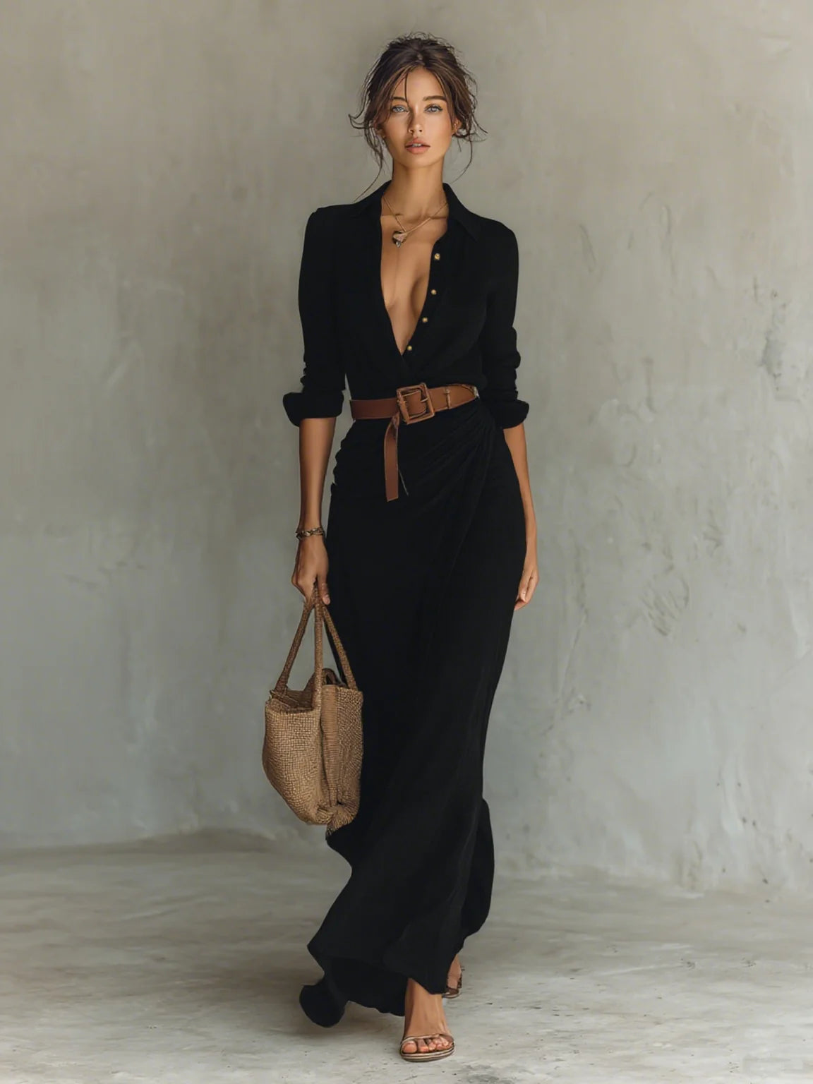 Black Women's Plunging Wrap Maxi Dress — Harlow Belted Shirt Draped - Front Pose