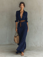 Navy Blue Blue Women's Plunging Wrap Maxi Dress — Harlow Belted Shirt Draped - Front Full