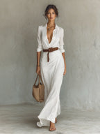 White Women's Plunging Wrap Maxi Dress — Harlow Belted Shirt Draped - Front Walking