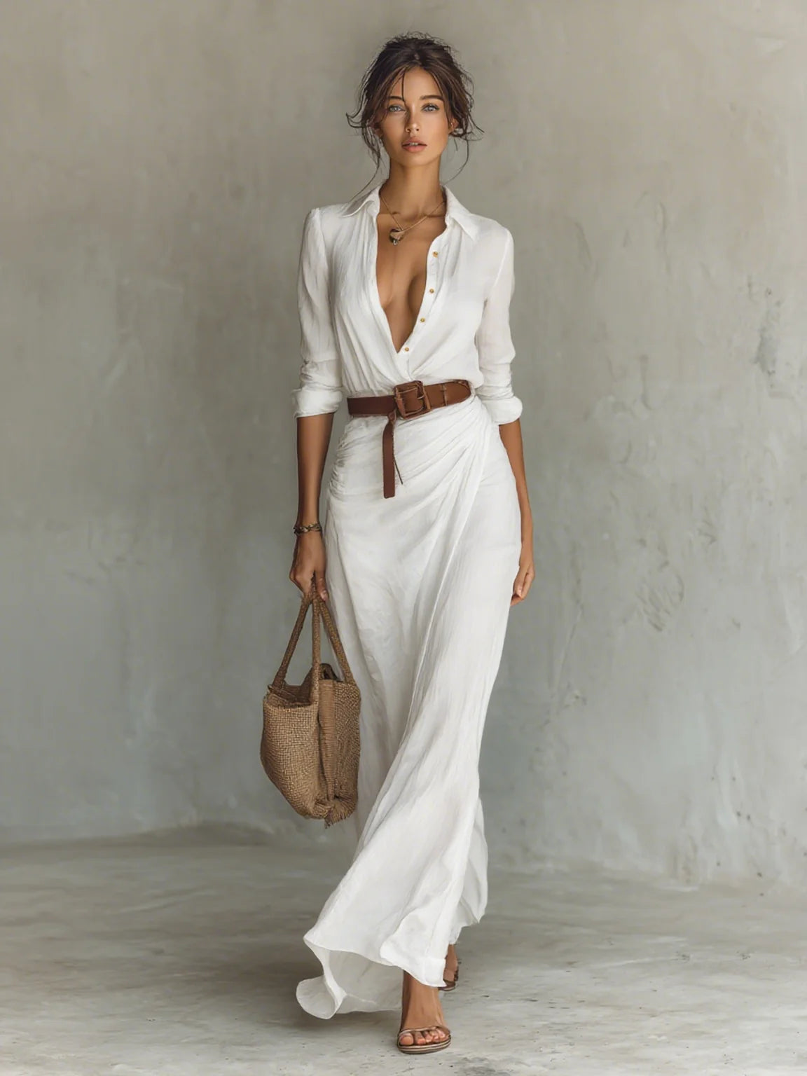 White Women's Plunging Wrap Maxi Dress — Harlow Belted Shirt Draped - Front Walking