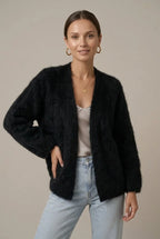 Black Women's Alpaca Cardigan with Plush Texture & Open-Front Relaxed Fit — Gloria