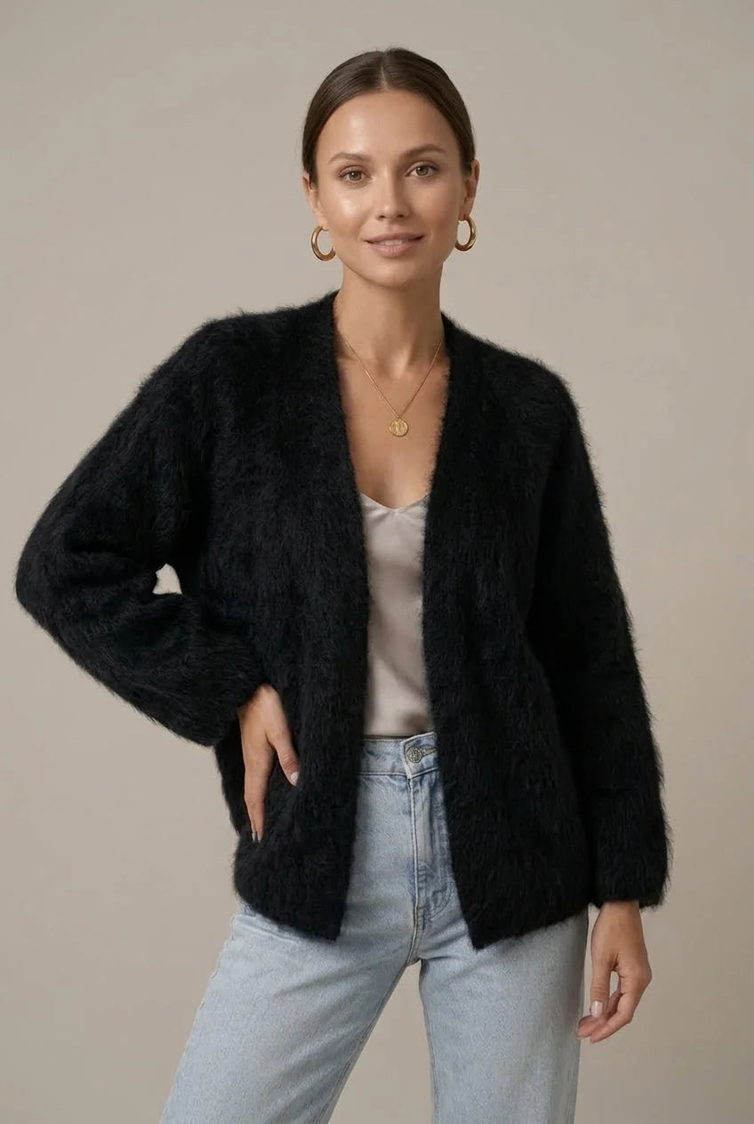 Black Women's Alpaca Cardigan with Plush Texture & Open-Front Relaxed Fit — Gloria