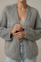 Women's Alpaca Cardigan with Plush Texture & Open-Front Relaxed Fit - Close Up Detail