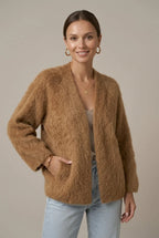 Khaki Women's Alpaca Cardigan with Plush Texture & Open-Front Relaxed Fit