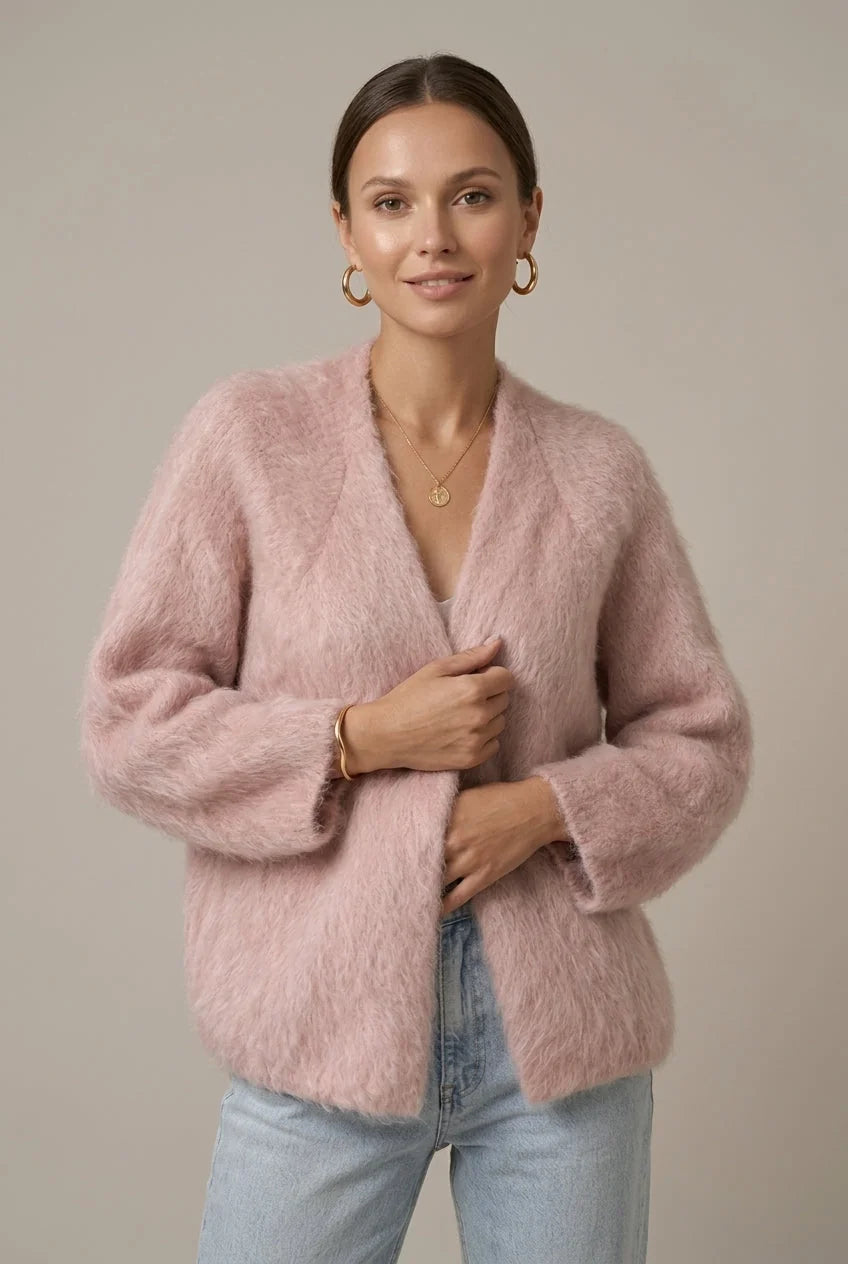 Pink Women's Alpaca Cardigan with Plush Texture & Open-Front Relaxed Fit — Gloria