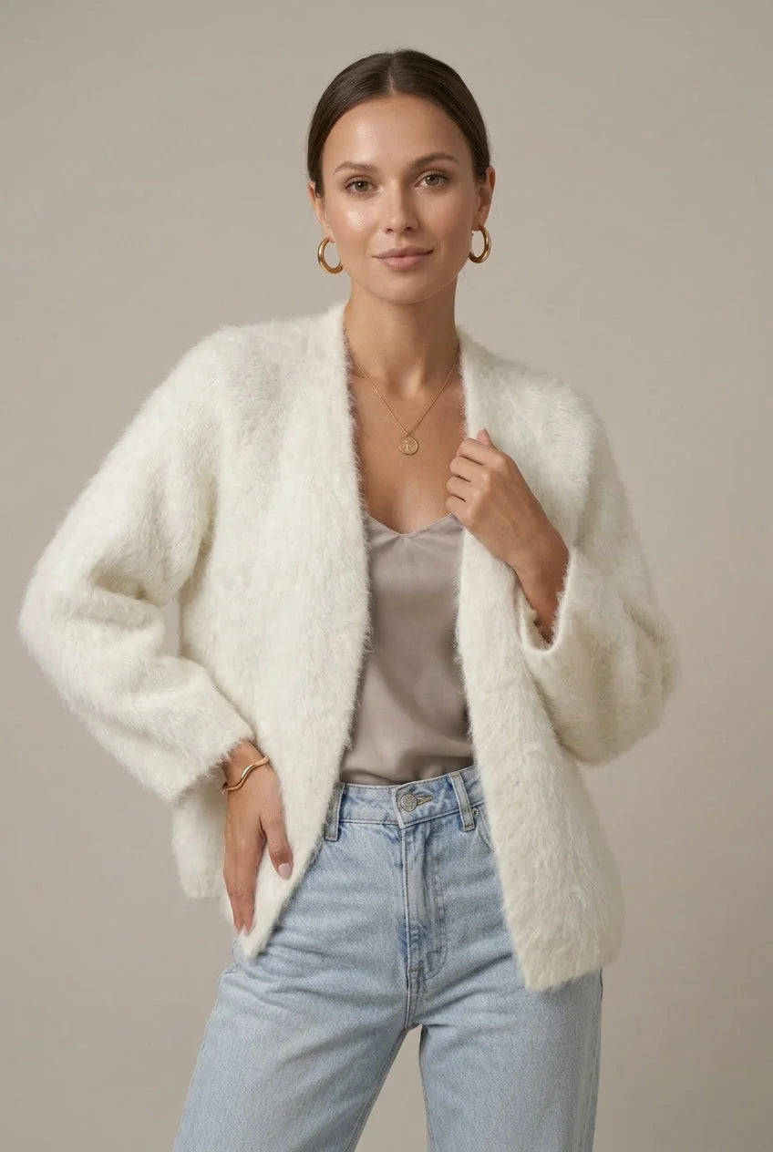 White Women's Alpaca Cardigan with Plush Texture & Open-Front Relaxed Fit — Gloria