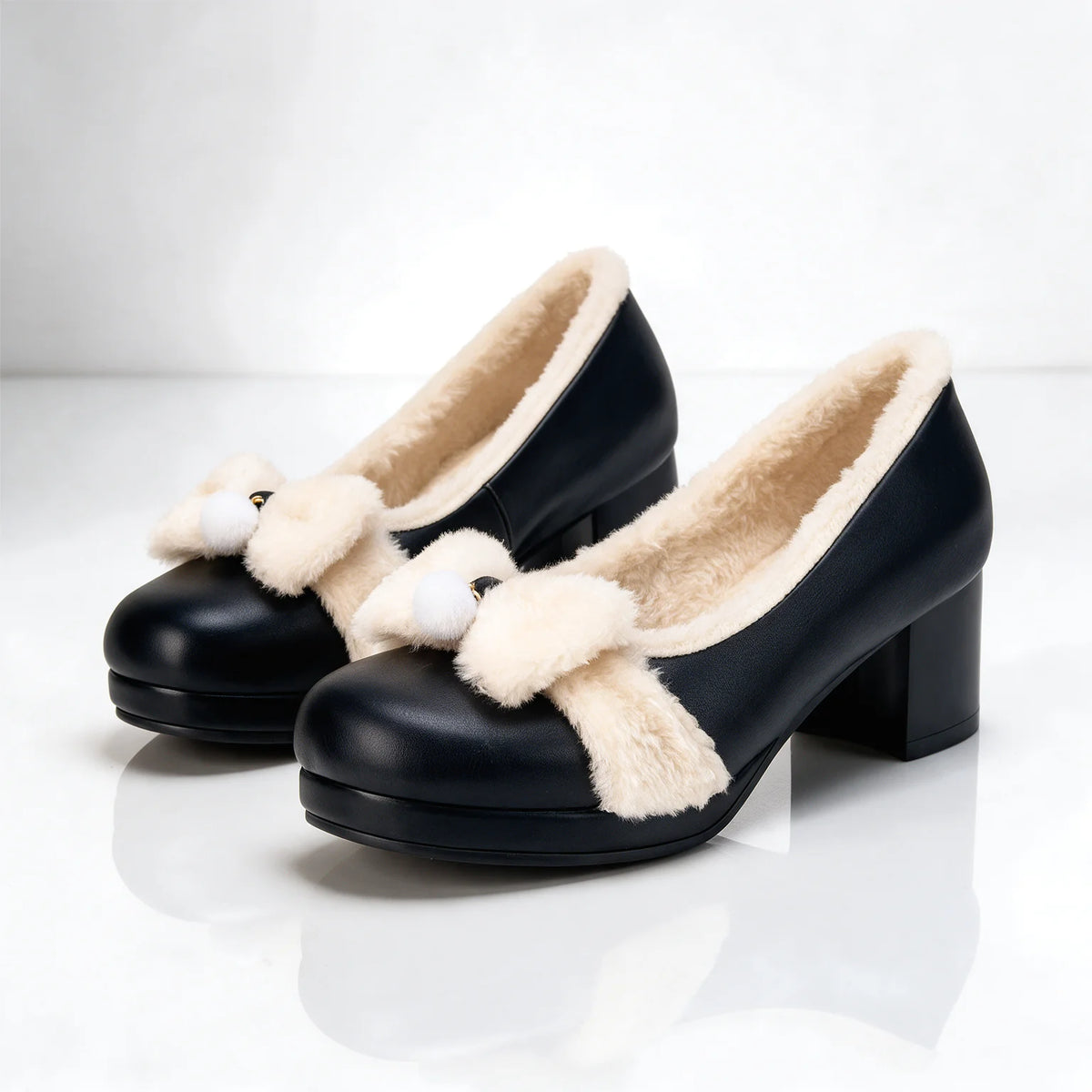 Black Women's Winter Pumps with Plush Collar & Block Heel