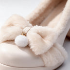 Women's Winter Pumps with Plush Collar & Block Heel - Bow Detail Closeup