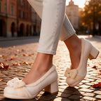 Women's Winter Pumps with Plush Collar & Block Heel - Cobblestone Walk
