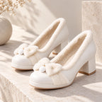 Women's Winter Pumps with Plush Collar & Block Heel - Stone Backdrop
