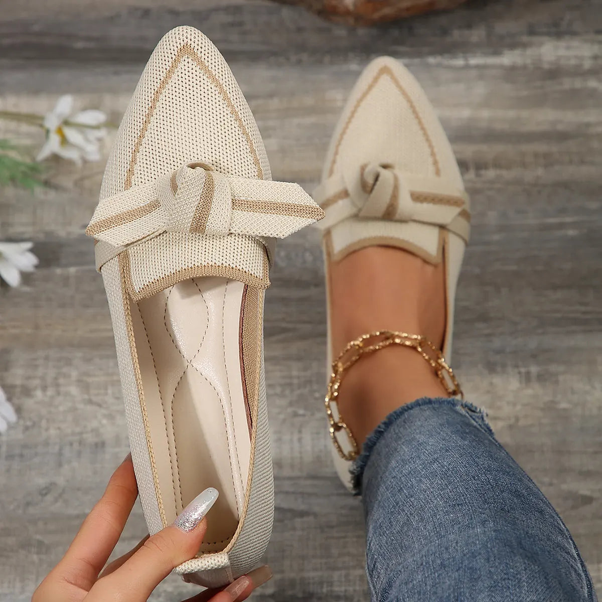 Beige Women's Pointed Toe Ballet Flats — Bianca Slip-On Knit Bow-Detail - Close Up Detail