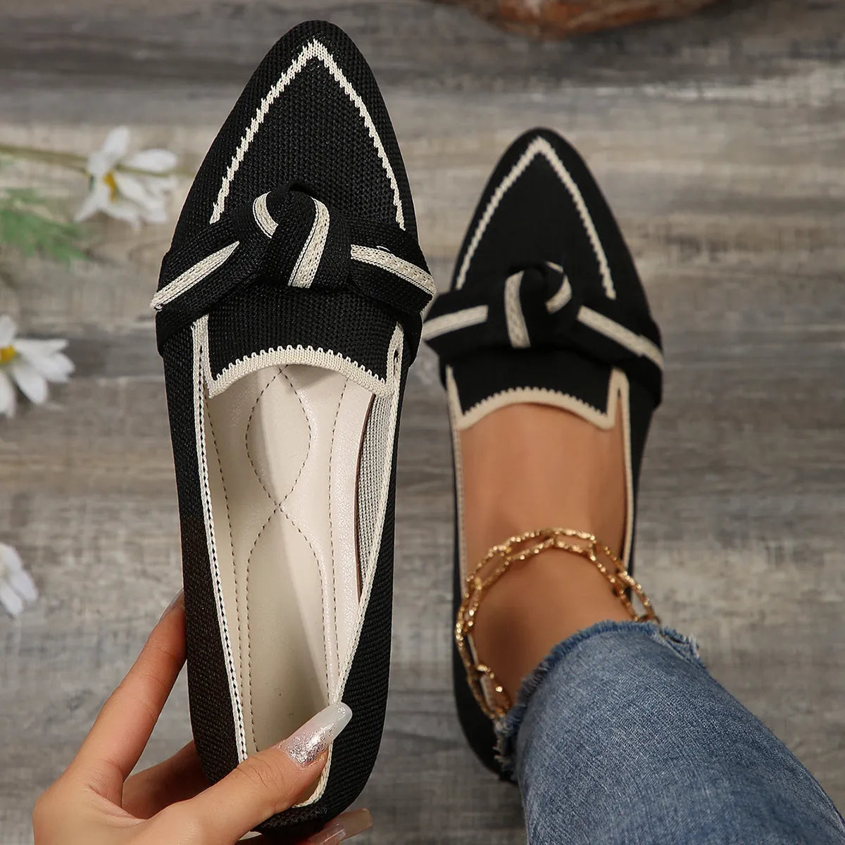 Black Women's Pointed Toe Ballet Flats — Bianca Slip-On Knit Bow-Detail - Close Up Pair