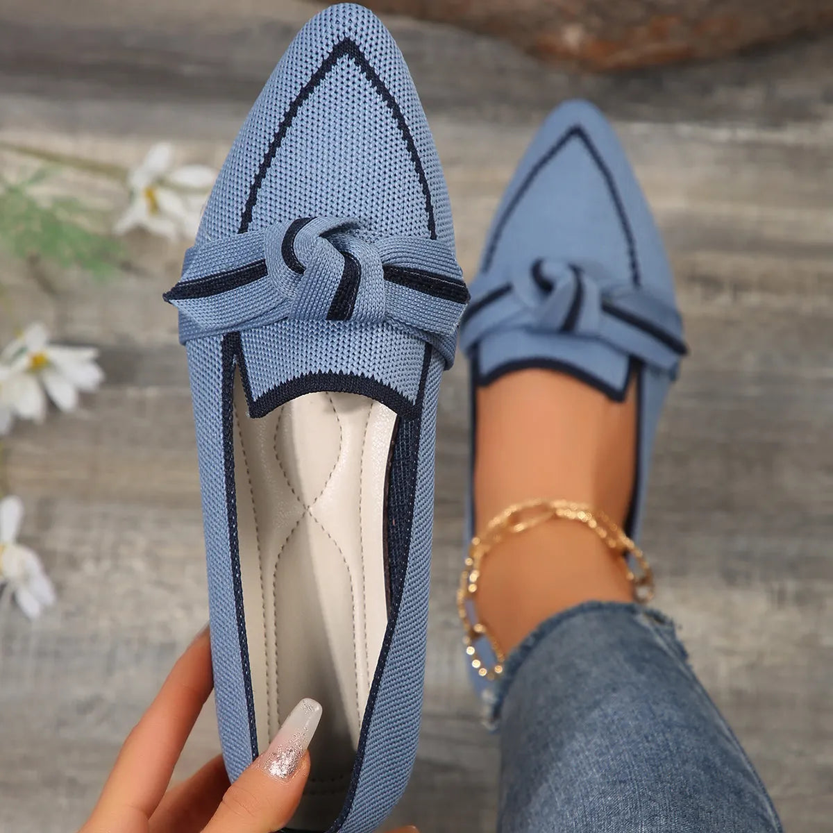 Blue Women's Pointed Toe Ballet Flats — Bianca Slip-On Knit Bow-Detail - Front Full