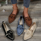 Brown Women's Pointed Toe Ballet Flats — Bianca Slip-On Knit Bow-Detail - Group Flatlay