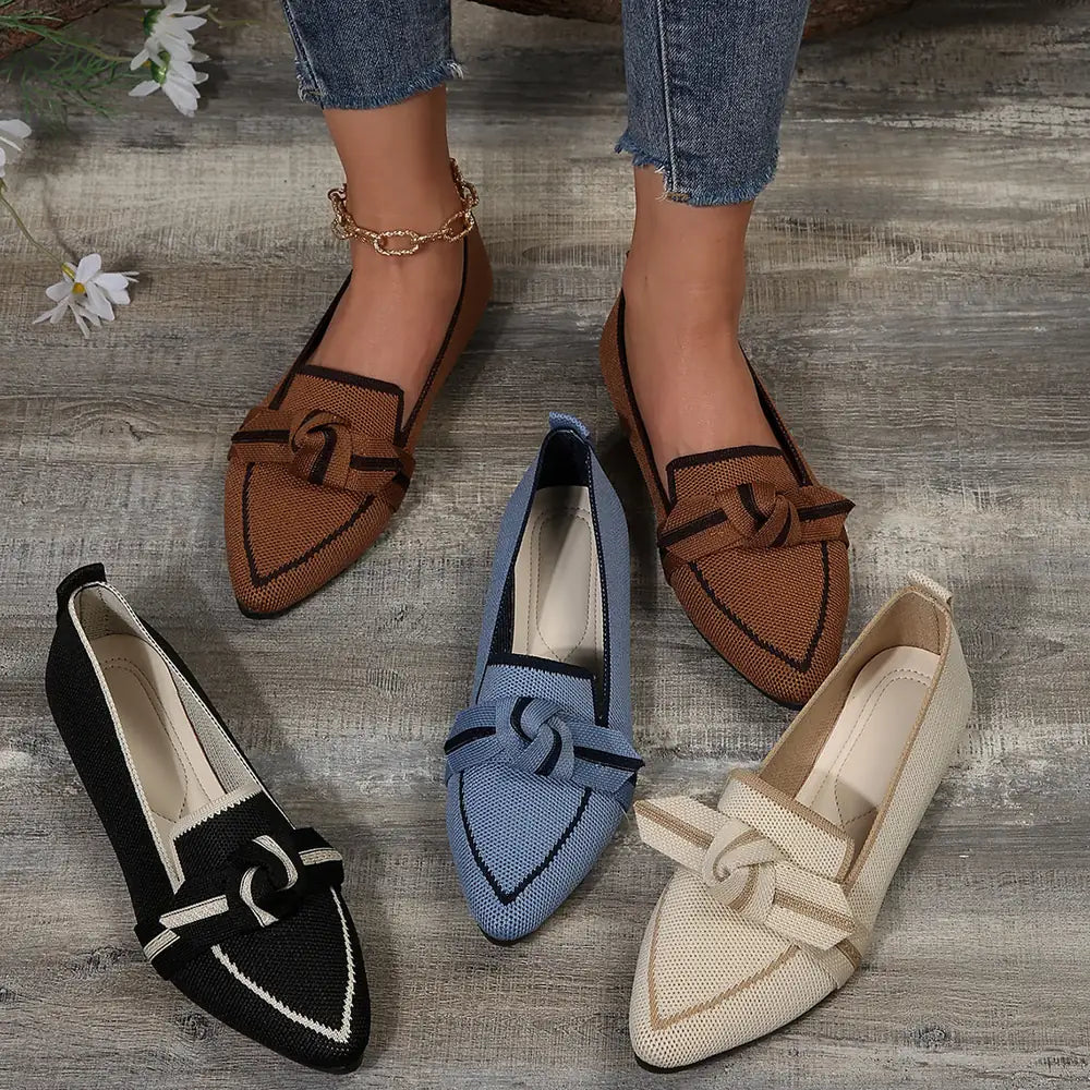 Brown Women's Pointed Toe Ballet Flats — Bianca Slip-On Knit Bow-Detail - Group Flatlay