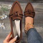 Brown Women's Pointed Toe Ballet Flats — Bianca Slip-On Knit Bow-Detail - Sole Detail