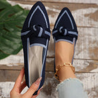Navy Women's Pointed Toe Ballet Flats — Bianca Slip-On Knit Bow-Detail - Front Pair