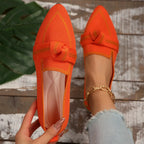 Orange Women's Pointed Toe Ballet Flats — Bianca Slip-On Knit Bow-Detail - Hand Hold Detail
