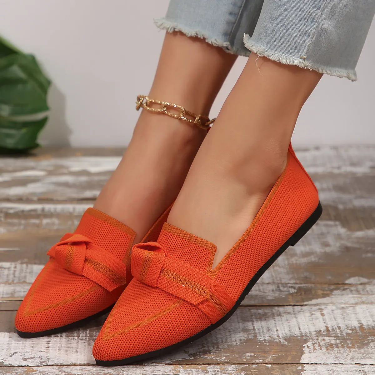 Orange Women's Pointed Toe Ballet Flats — Bianca Slip-On Knit Bow-Detail - Worn Lifestyle