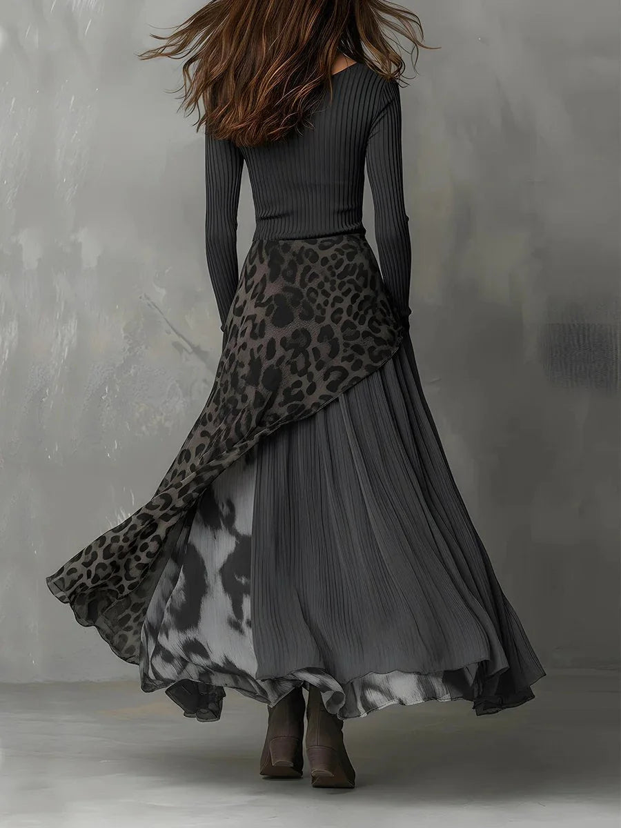 Gray Women's Leopard Maxi Dress with Ribbed Knit Bodice & Asymmetric Skirt - Back Full
