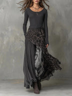 Gray Women's Leopard Maxi Dress with Ribbed Knit Bodice & Asymmetric Skirt - Front Full