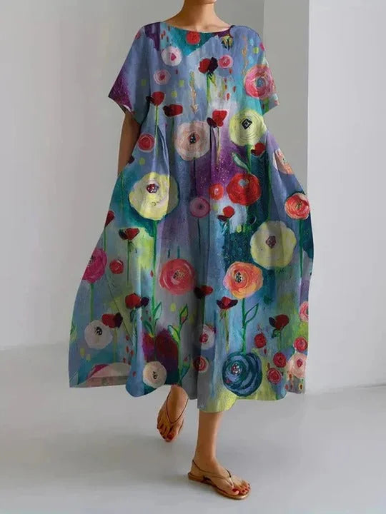 Multicolor Women's Floral Print Maxi Dress with Short Sleeves & Relaxed Fit — Ruby - Model Walking Full