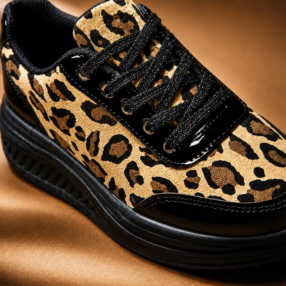 Women's Platform Sneakers with Leopard Print & Cushioned Insole - Close Up Lace Detail