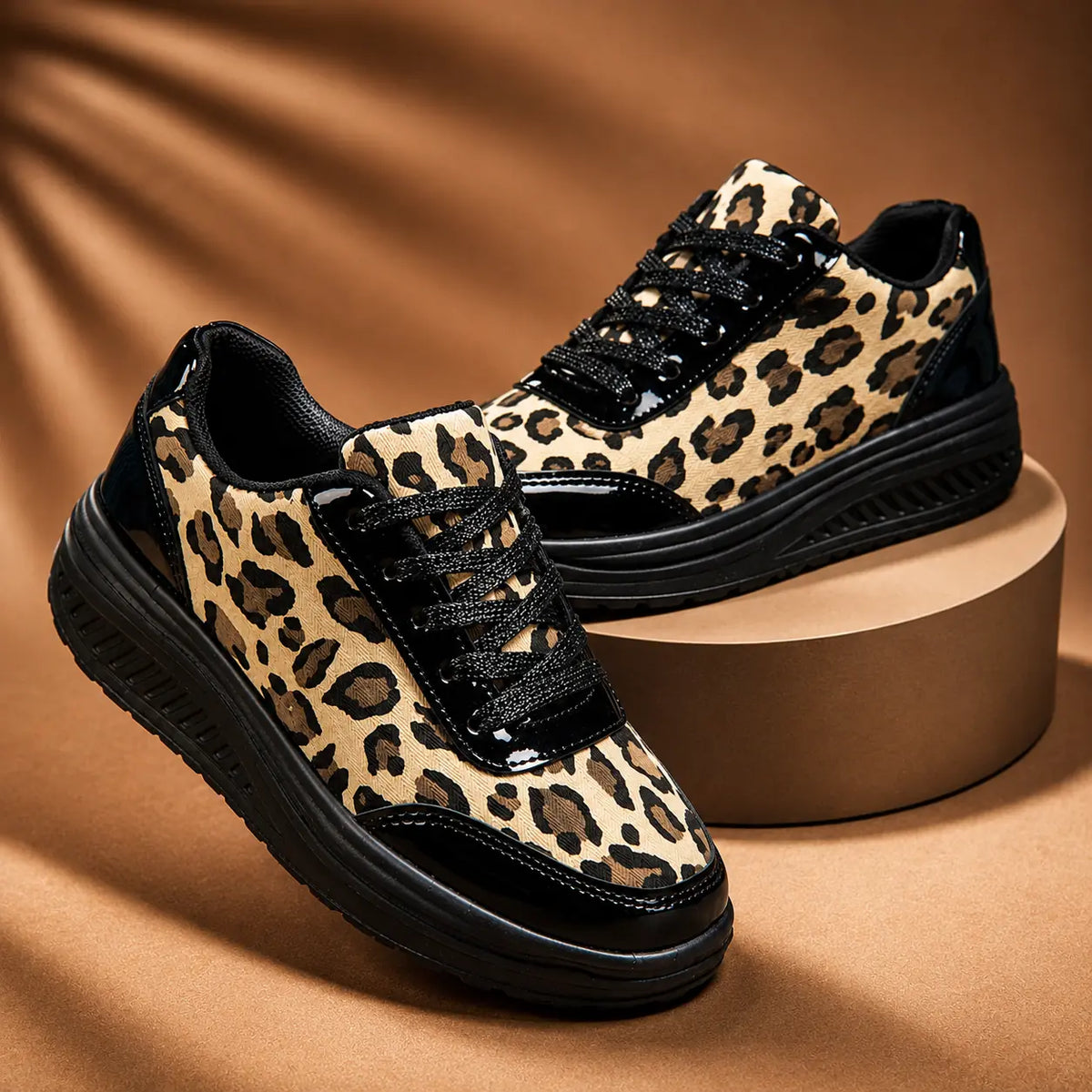 Women's Platform Sneakers with Leopard Print & Cushioned Insole - Pair Studio Angle