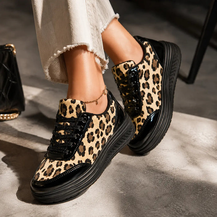 Women's Platform Sneakers with Leopard Print & Cushioned Insole - Worn Lifestyle Front
