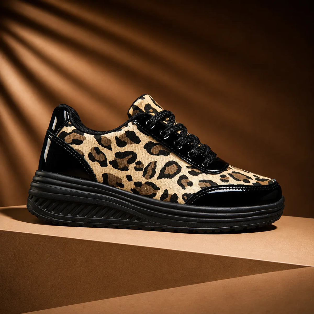 Black Women's Platform Sneakers with Leopard Print & Cushioned Insole