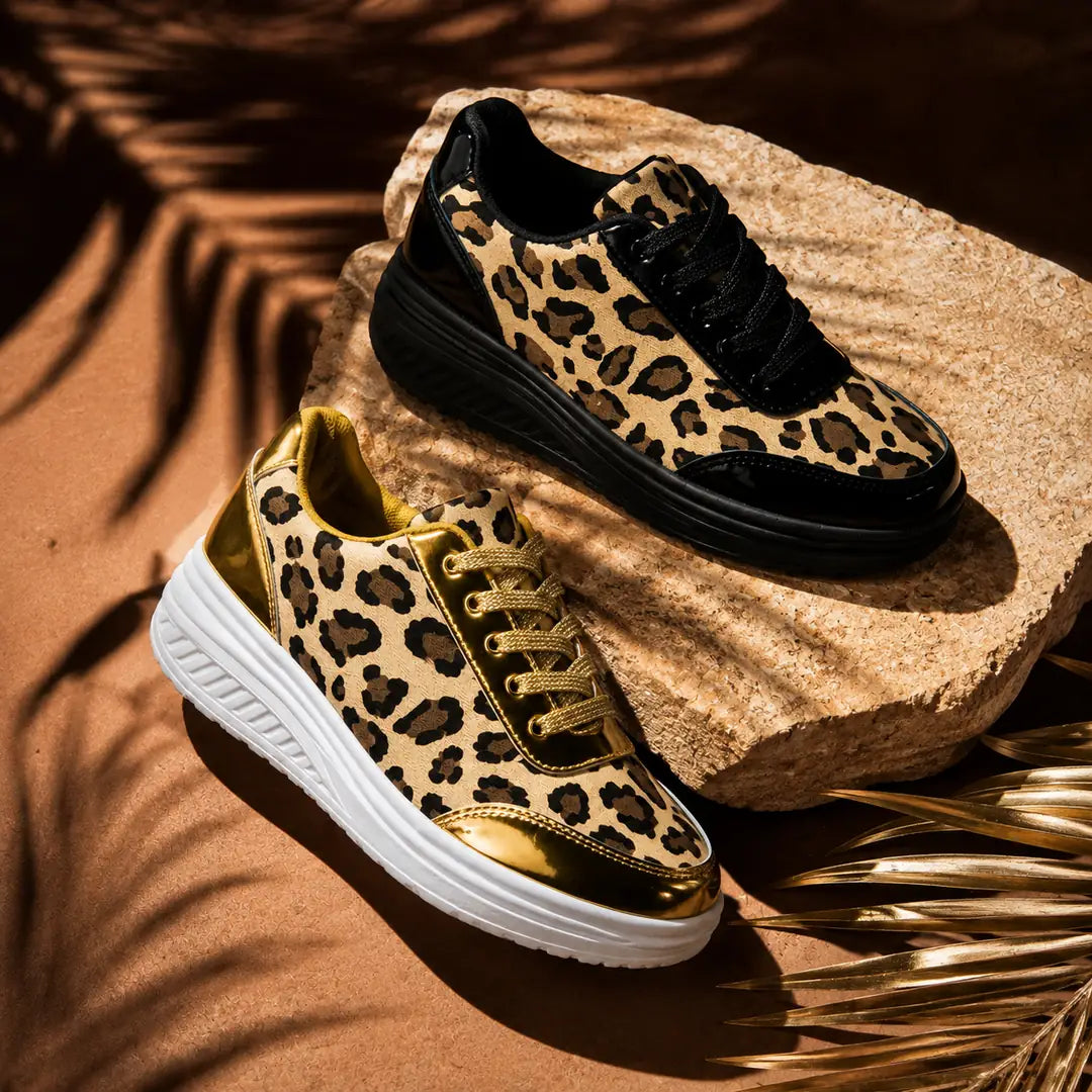Women's Platform Sneakers with Leopard Print & Cushioned Insole - Pair Both Colors Display