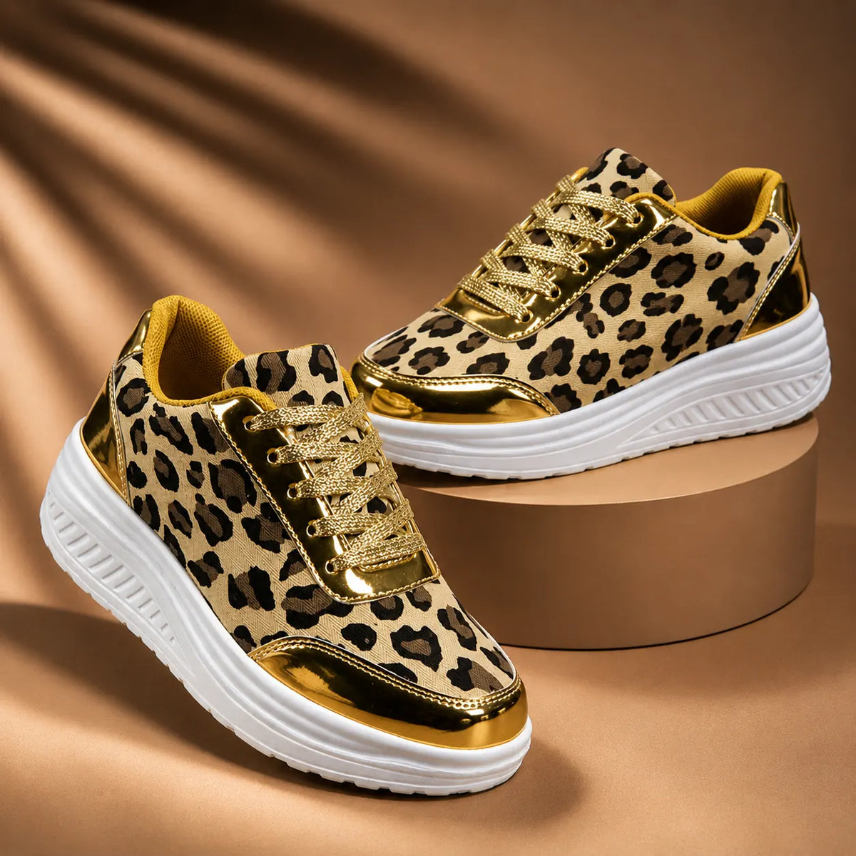 Women's Platform Sneakers with Leopard Print & Cushioned Insole - Pair Studio Stacked