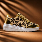 Gold Women's Platform Sneakers with Leopard Print & Cushioned Insole