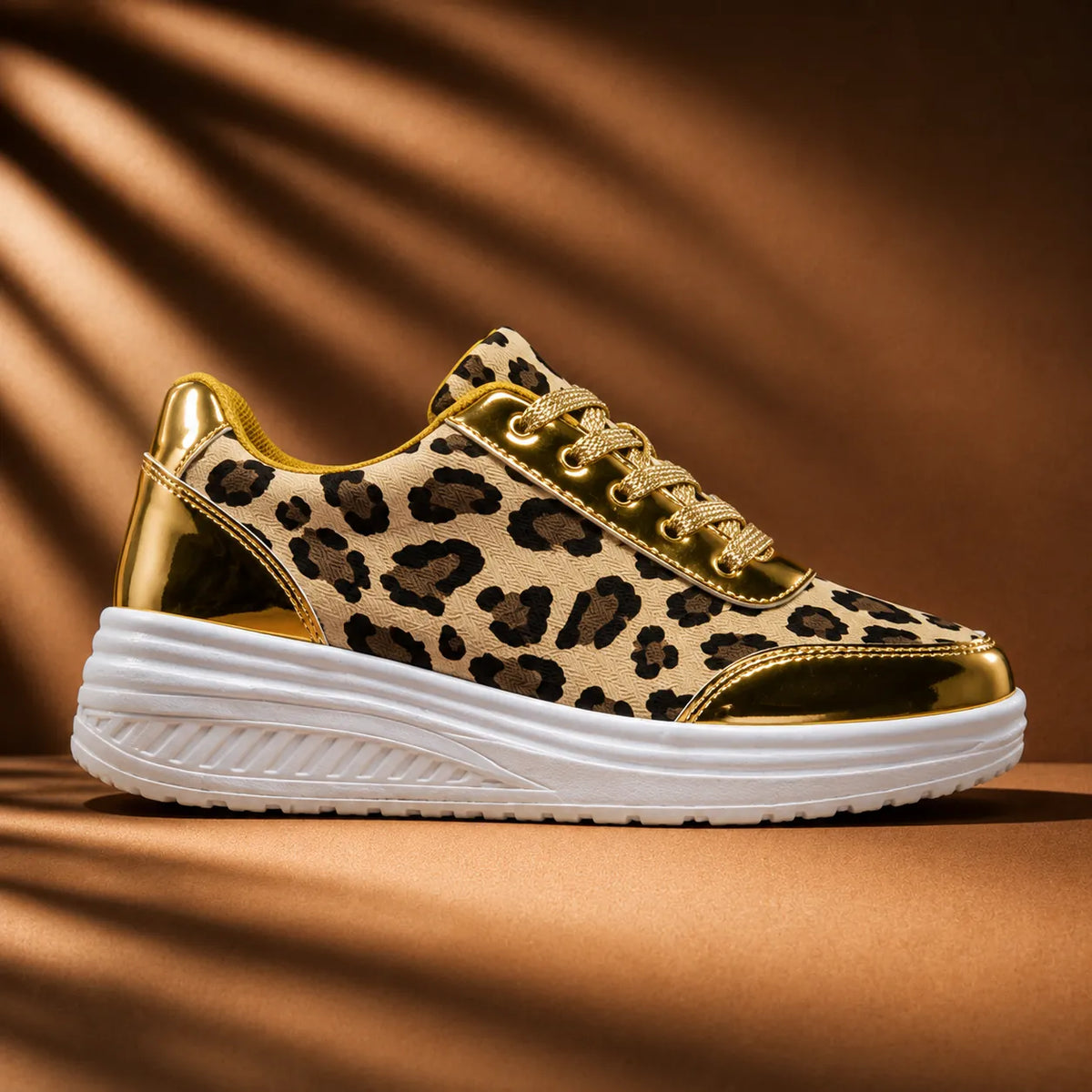 Gold Women's Platform Sneakers with Leopard Print & Cushioned Insole