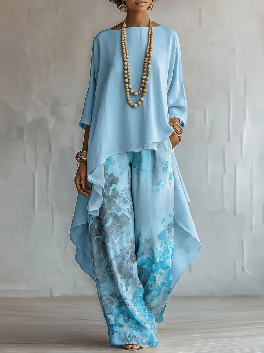 Blue Women's Floral Print Two-Piece Set — Eowyn Asymmetric Tunic Wide-Leg - Front Full Variant