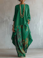 Green Women's Floral Print Two-Piece Set — Eowyn Asymmetric Tunic Wide-Leg - Front Full Alt