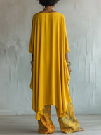 Yellow Women's Floral Print Two-Piece Set — Eowyn Asymmetric Tunic Wide-Leg - Back Detail