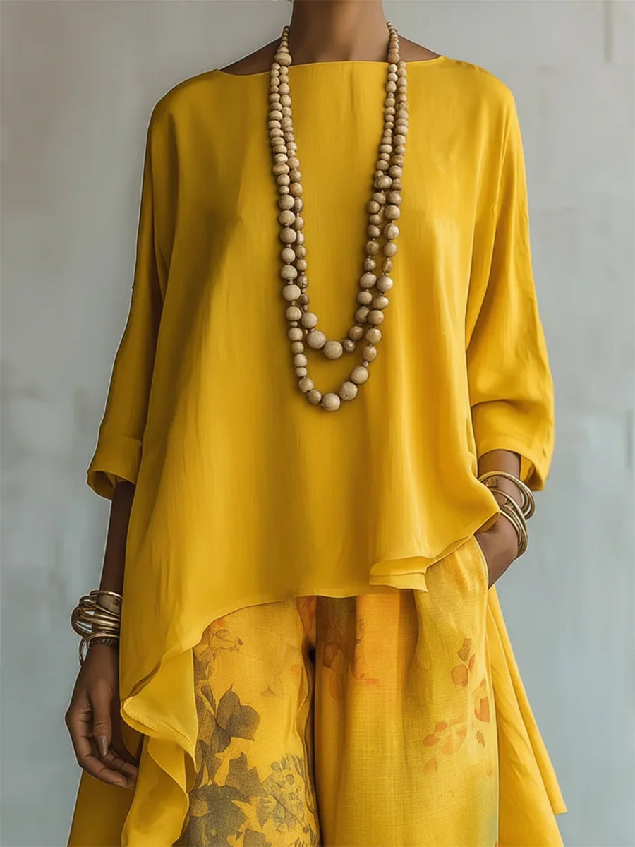 Yellow Women's Floral Print Two-Piece Set — Eowyn Asymmetric Tunic Wide-Leg - Close Up Neckline