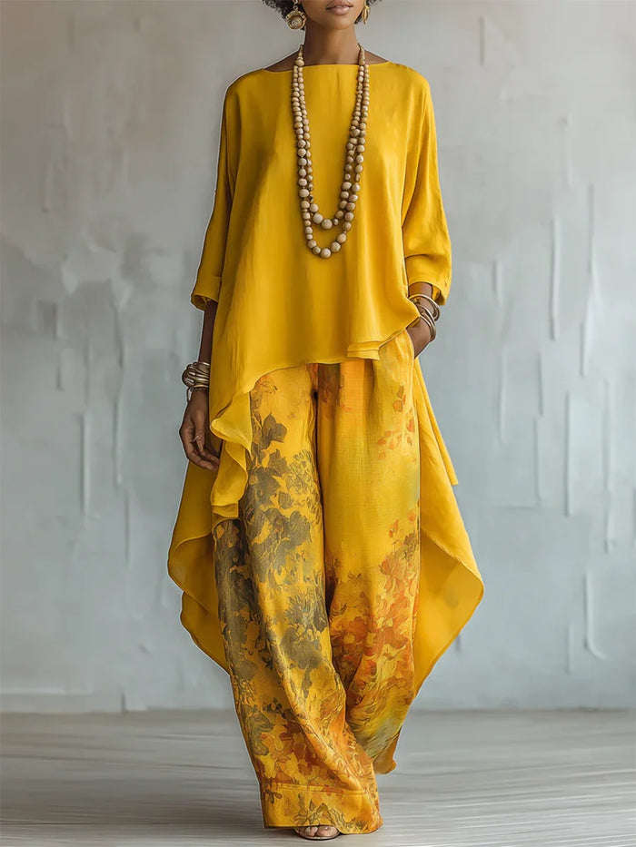Yellow Women's Floral Print Two-Piece Set — Eowyn Asymmetric Tunic Wide-Leg - Front Full