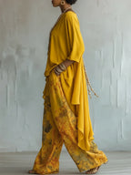 Yellow Women's Floral Print Two-Piece Set — Eowyn Asymmetric Tunic Wide-Leg - Side Pose
