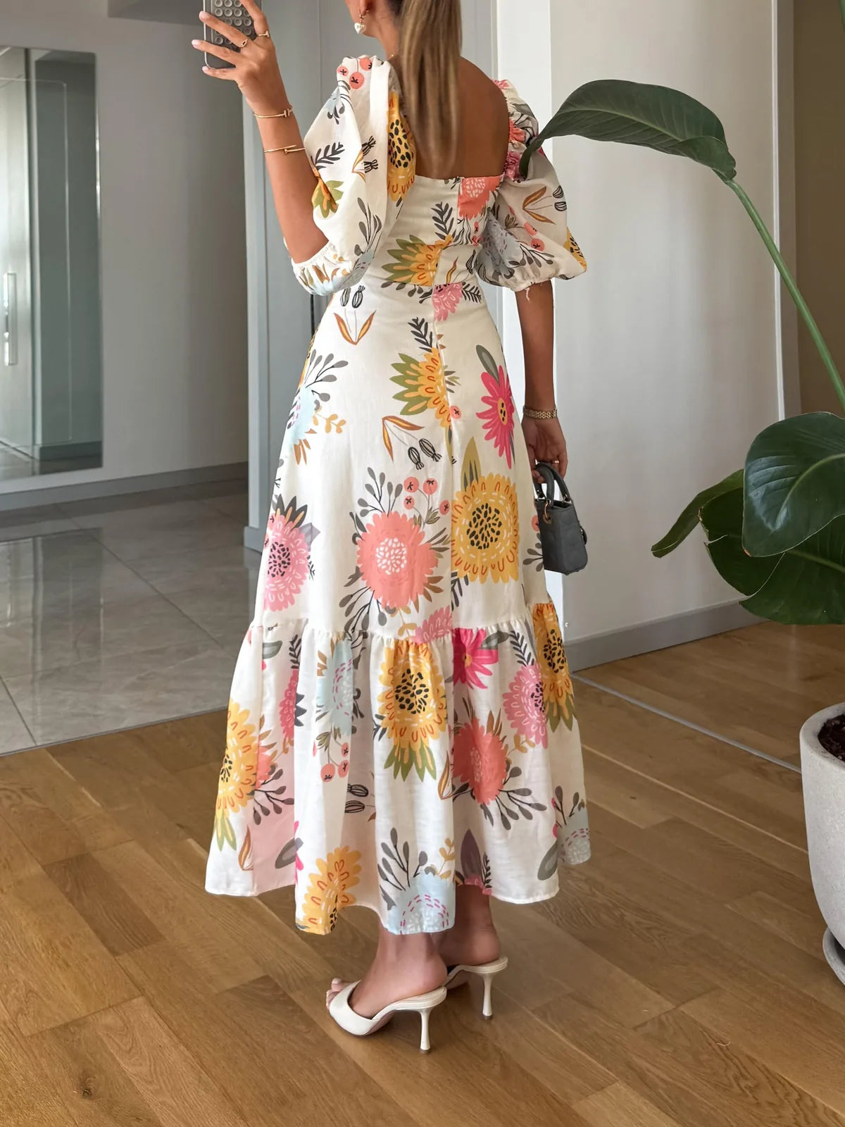 Multicolor Women's Floral Puff-Sleeve Midi Dress with Square Neckline - Back Full