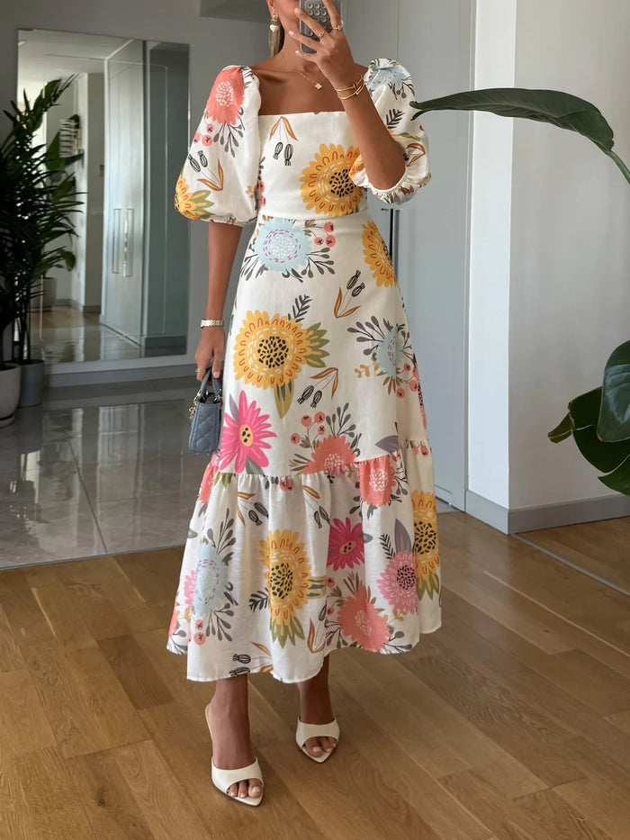 Multicolor Women's Floral Puff-Sleeve Midi Dress with Square Neckline - Front Full