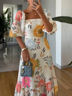 Multicolor Women's Floral Puff-Sleeve Midi Dress with Square Neckline - Front Medium