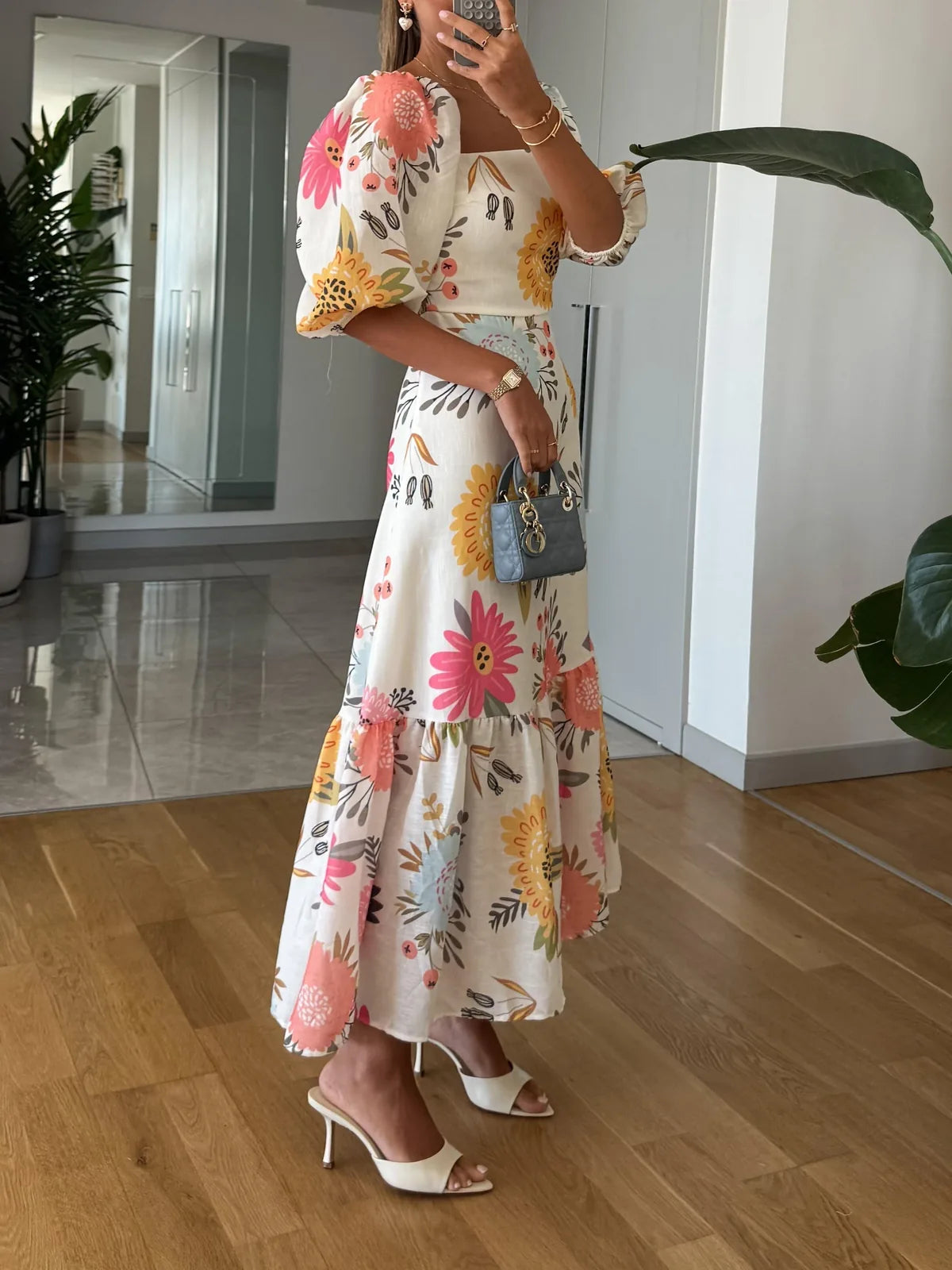Multicolor Women's Floral Puff-Sleeve Midi Dress with Square Neckline - Side Pose