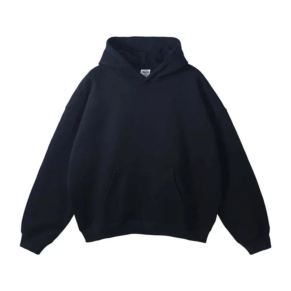 Black Men's Pullover Hoodie with Kangaroo Pocket & Ribbed Cuffs