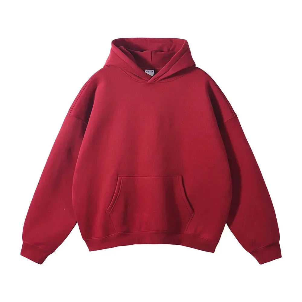 Burgundy Men's Pullover Hoodie with Kangaroo Pocket & Ribbed Cuffs