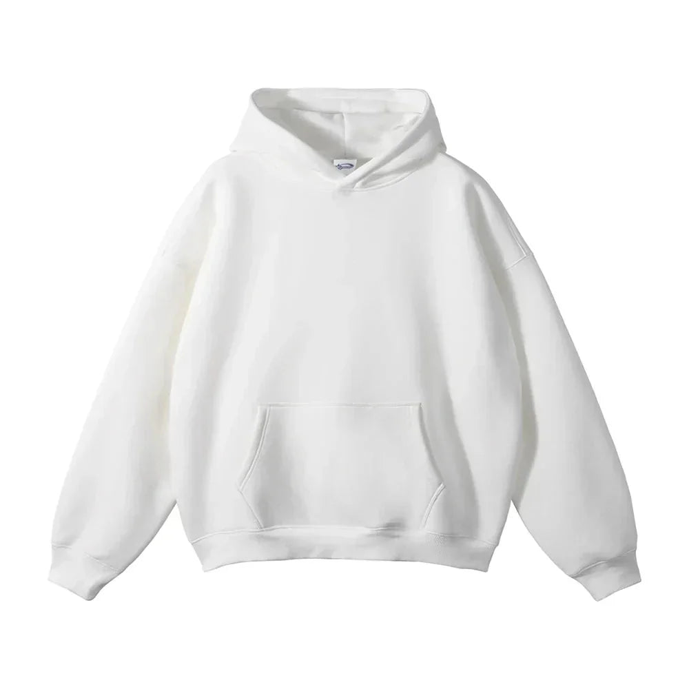 White Men's Pullover Hoodie with Kangaroo Pocket & Ribbed Cuffs
