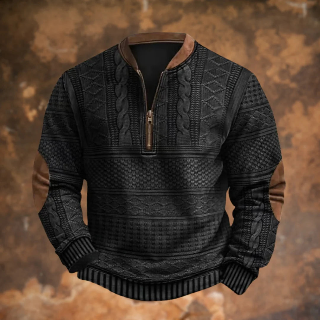 Black Men's Quarter Zip Sweater with Cable Knit & Elbow Patches