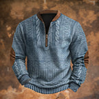 Blue Men's Quarter Zip Sweater with Cable Knit & Elbow Patches