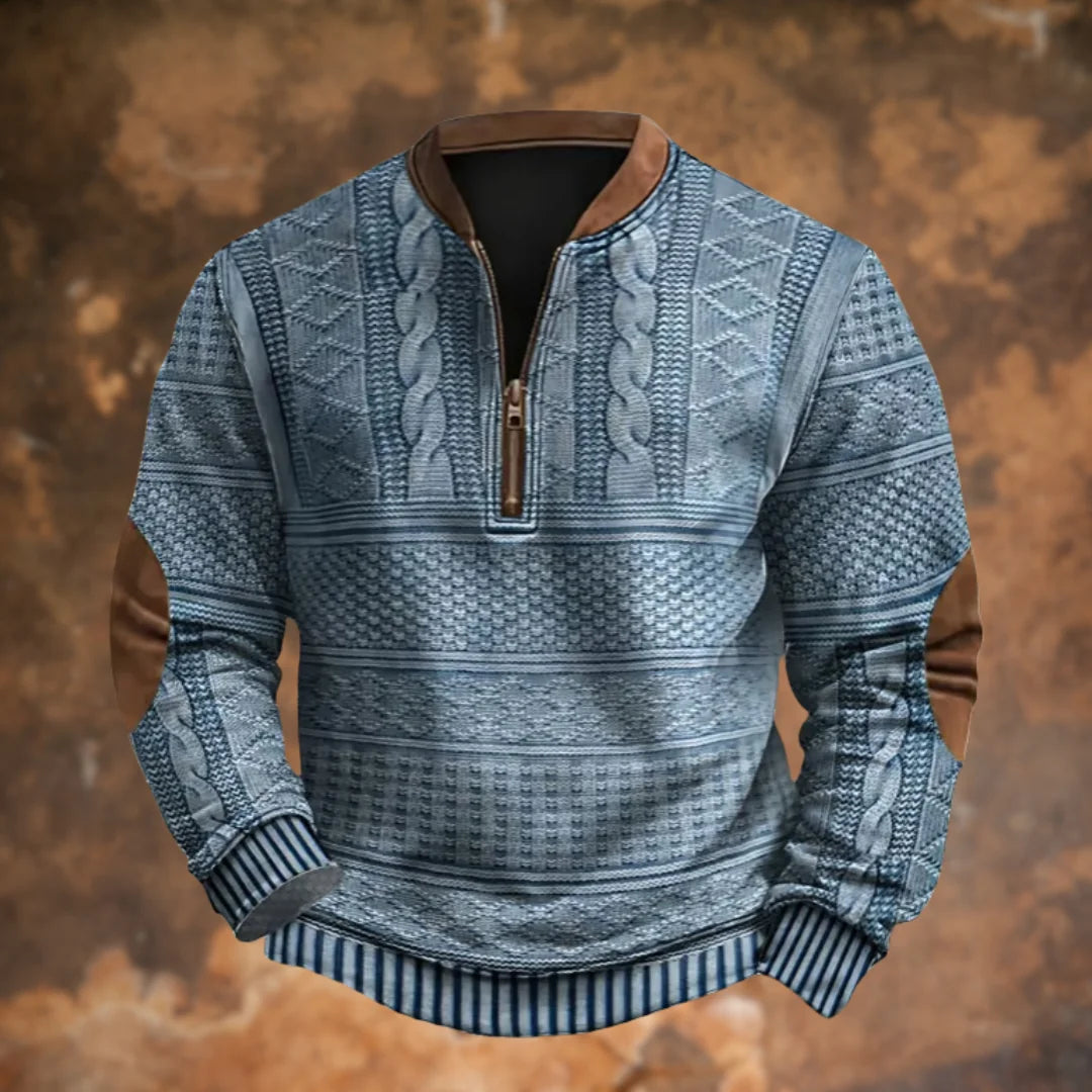 Blue Men's Quarter Zip Sweater with Cable Knit & Elbow Patches